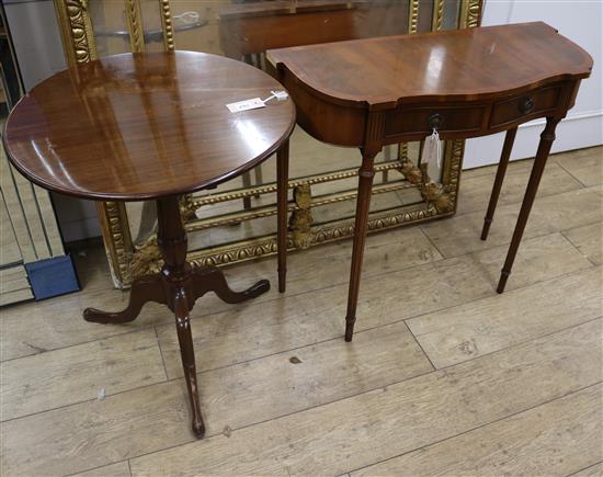 A George III style mahogany circular topped tripod table, side table and etagere